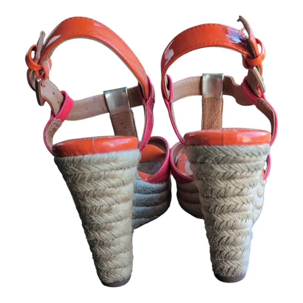 Sofft Espadrille Wedge Sandals Womens 8M Orange Pink Patent Leather T-Strap
